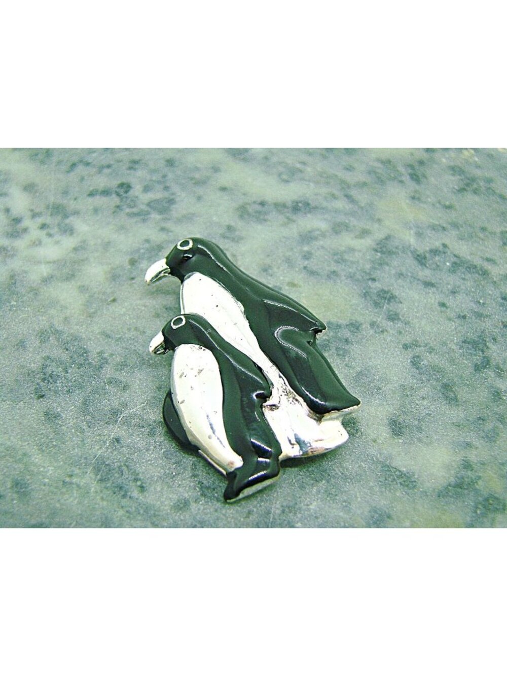 Vintage Penguin Brooch Pin Black Enamel Silver Tone Dual Penguin Pin Mom Baby 2"